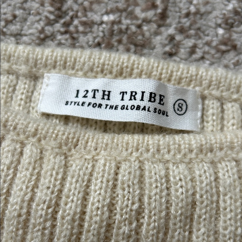 12th Tribe Beige Ribbed Off-Shoulder Sweater - Picture 2 of 3